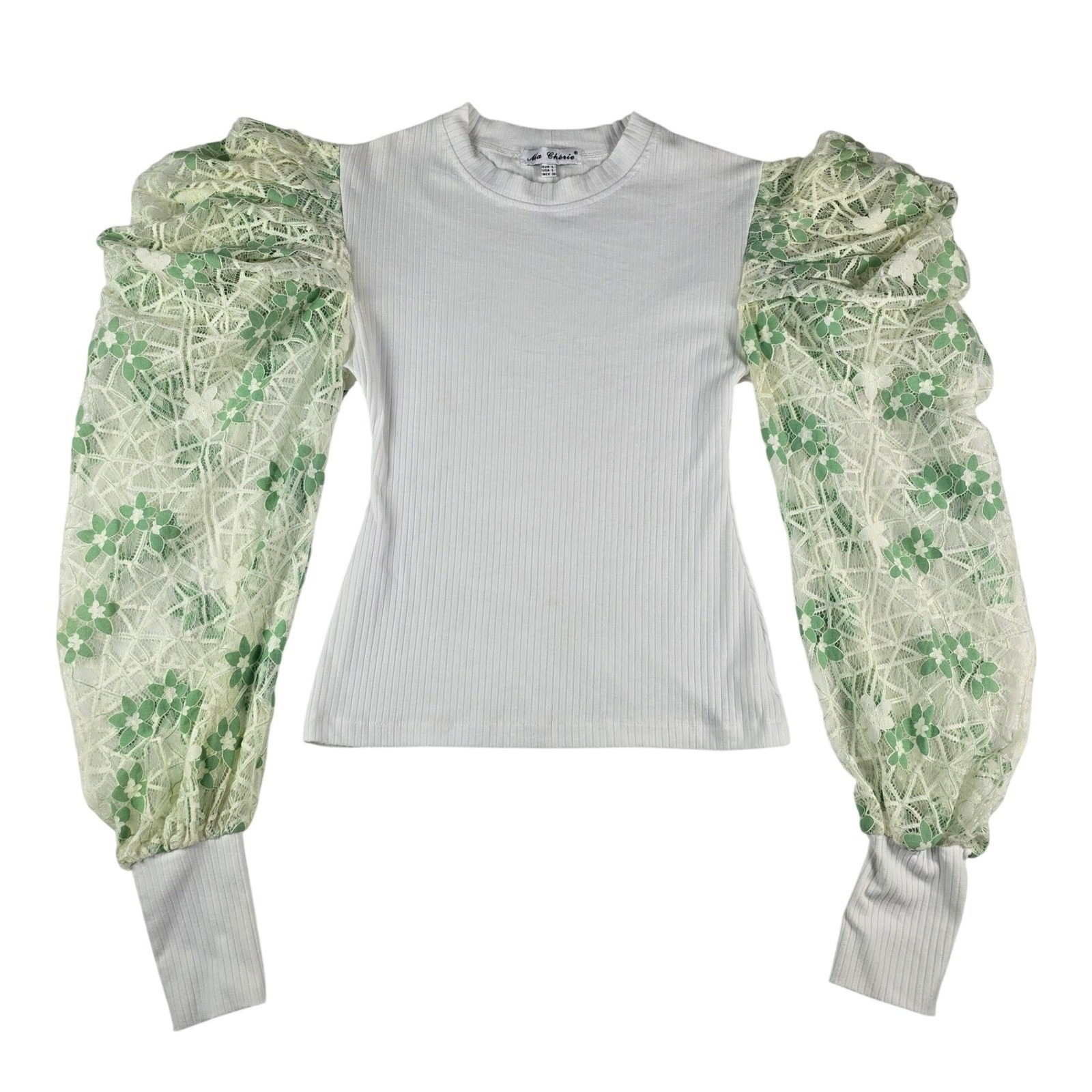 Ma Chrie Puff Sleeve Lace Ribbed Top Women Large White Green Floral Statement